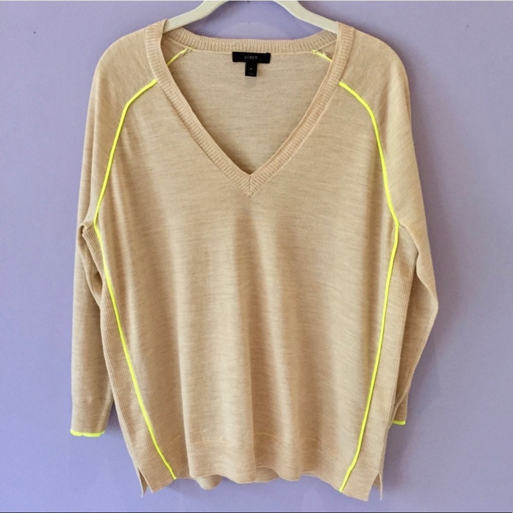J Crew tan sweater with neon piping